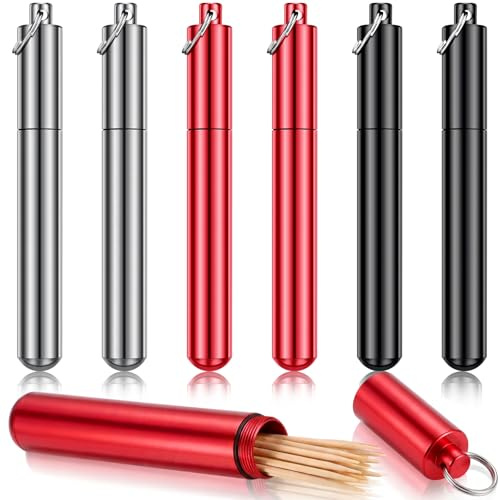 Tanlade 6 Pieces Portable Toothpick Holder Pocket Airtight Aluminum Metal Storage Tube Waterproof Pocket Purse Tube Container Holder with Keychain for Travel Picnic Camping, 3 Colors