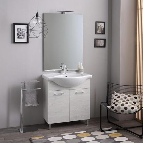 Kiamami Valentina - Mobile bagno a terra 75cm 2 ante quercia bianco e specchio con lampada | Rimini