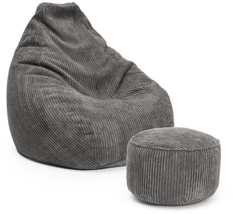 Lumaland Relax Set Cord – Sitzsack Giant + Pouf | Besser als Sofa, Sessel & Co. | XXL Bean Bag + Sitzpouf Hocker mit Füllung (EPS Perlen) für Indoor | Bodensofa für Wohnzimmer, Schlafzimmer & Gaming