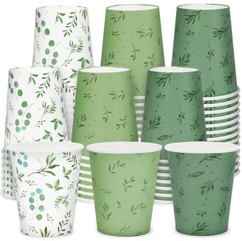 Whaline 60 vasos de papel verdes de 9 onzas de eucalipto y hoja de olivo, desechables, tazas de café verde salvia para bebidas frías y calientes, suministros de fiesta de boda, despedida de soltera,