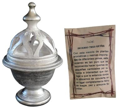 Incensario Artesanal Hecho a Mano diseños - Soporte para Incienso en Grano y de Semana Santa - Bolsa de 50 Gramos de Incienso Tres Reyes (CÁLIZ 1 Plata)