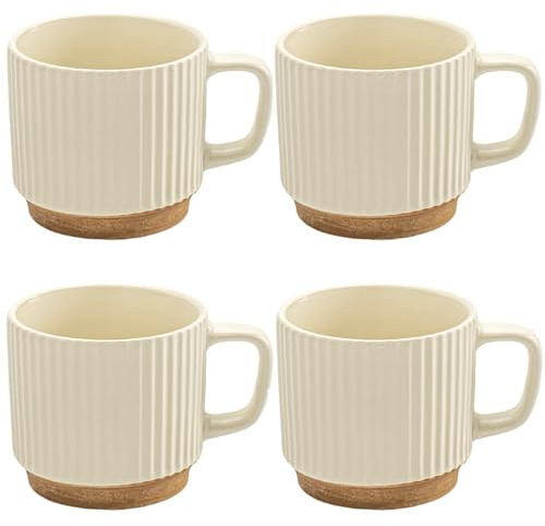 Lot de 4 Tasses à Café et Thé 260 ml en Céramique Nervurée - Tasse à Café au Lait Vintage Beige