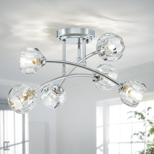 SHRINE LIGHTING Kristall-Kronleuchter, halbhohe Deckenleuchte für Wohnzimmer, 6-flammig G9 Fassung, D41 x H25 cm, klare Kristalle & Metallrahmen mit Chrom-Finish