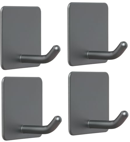 FOTYRIG Adhesive Towel Hooks Stick on Towel Hanger Wall Hooks Waterproof Stainless Steel Sticky Hooks for Hanging Bathroom Kitchen Home Grey -4 Packs