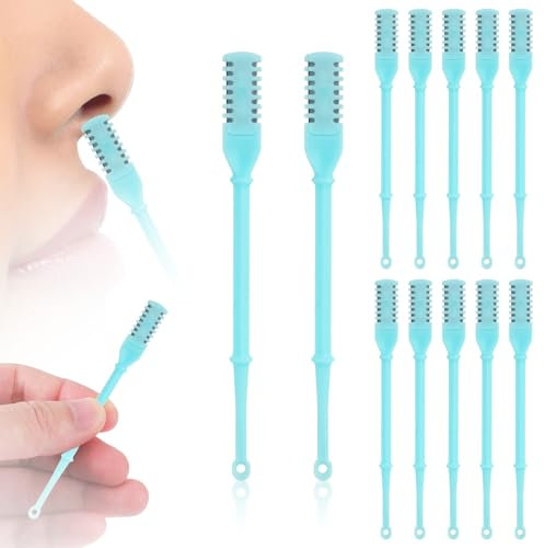 12 Piezas 2 en 1 Cortador Pelos Nariz, Giratorio 360° Recortadora de Vello Nasal para Hombres Mujeres Manual Herramienta de Depilación de Fosas Nasales con Recogedor de Orejas (Azul)