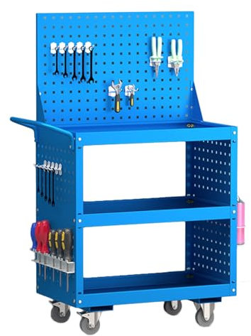 YCOVSFP Werkzeugwagen Mit 3 Ebenen Und Hängebrett Oben, 300 Kg Schwerer Servicewagen Auf Rädern Mit 15 Haken for Zuhause, Garage, Lager, Werkstatt(Blue)