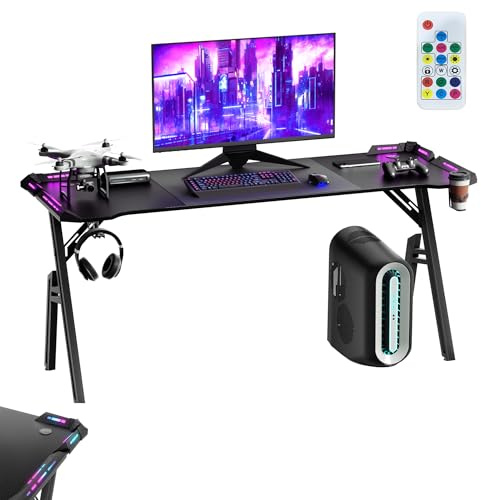 YRHome Bureau de gaming ergonomique avec LED RVB réglable, porte-gobelet, crochet pour casque et repose-pieds réglables, 160 x 60 cm, noir