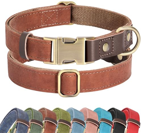 Didog Weiches gepolstertes Lederhalsband für große Hunde, klassisches Hundehalsband mit Metall-Schnellverschluss, verstellbar, großformatig, Kunstleder, Braun, L