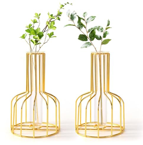 Mtsooning 2 Stück goldene Blumenvase mit Metallrahmen, Metall Vase mit Reagenzgläser, kleine Metall Knospenvasen, kleine vasen für Tischdekoration, Hochzeitsdekoration und Wohnzimmerdekoration