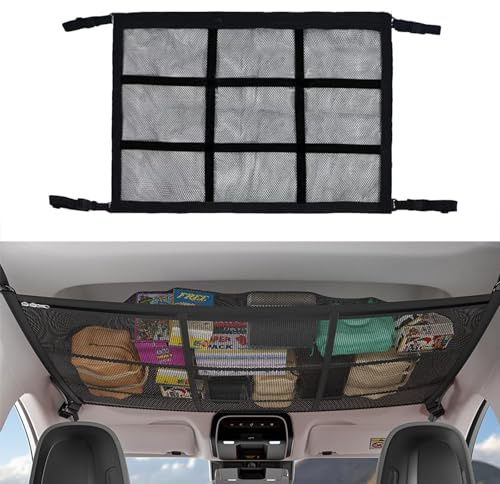 CCAIPU Gepäcknetz Auto, Verstellbares Doppellagiges Mesh-Aufbewahrungsnetz Autodach-Organizer Decken-Aufbewahrungsnetz für Lange Reisen für Auto, SUV, Van (Schwarz, 90*65cm)