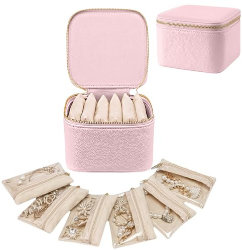 Aucuu Reise Schmuckkästchen, Schmuckkasten Klein mit 6 Schmuckbeutel, PU-Leder Schmuck Organizer, Schmuckschatulle, Schmuckaufbewahrung für Ohrringe Ketten Ringe Armbänder, für Mädchen Frauen