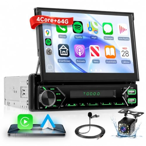 2G+64G Android 13 Single Din Car Stereo with GPS WiFi Wireless Carplay/Android Auto, 7 Inch HD Flip Out Touch Screen Radio Bluetooth FM/RDS EQ Audio Mirror Link Type-C/USB Backup Camera
