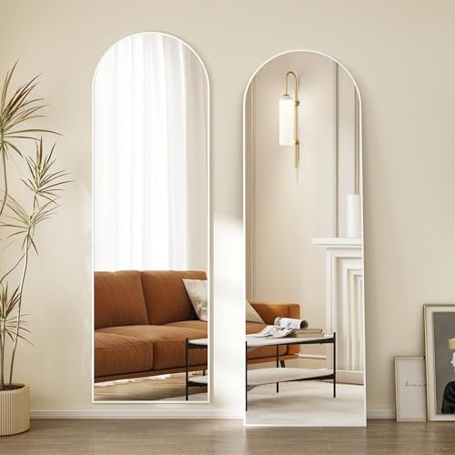 Hopibath 150 x 50 cm minimalistische Rahmen Standspiegel Ganzkörperspiegel, Weiß Metallrahmen Rundbogen Wandspiegel Stehspiegel Standspiegel für Schlafzimmer, Wohnzimmer, Flur und Garderobe