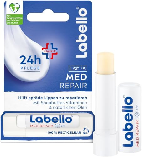 Labello Med Repair Lippenpflegestift, mineralölfreie Lippenpflege mit LSF 15 und Vitamin E für spröde Lippen, Lippenbalsam mit Sheabutter und natürlichen Ölen (4,8 g) (Packung mit 4)