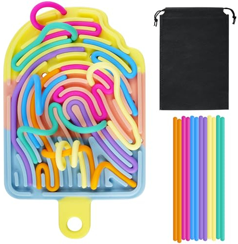 Elalove Sensorik Activity Board Sensorisches Spielzeug mit Eiscreme-Design - Doppelseitiges Sensorische Aktivitätsbrett für Kinder ab 3 und Erwachsene (12 Bunte Silikonschnüre)