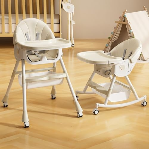 Hochstuhl Baby 6in1 Kinderhochstuhl- Verstellbar Klappbar Hochstuhl Baby mit Essbrett und Rollen,Korb - Beige
