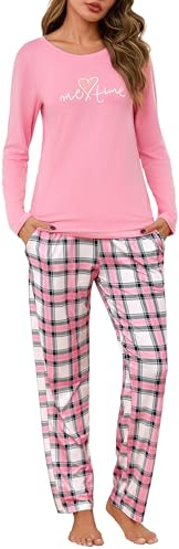 Leversic 2 Piezas Conjunto Pijama Mujer Invierno Camiseta de Manga Larga Algodón con Cuello Redondo y Estampado Divertido Pantalones de Pijama de Cuadros con Bolsillos S-XXL(Rosa,S)
