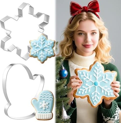 Teenyyou 2 Pcs Extra Large Christmas Cookie Cutters 8 Giant Snowflake and Glove Stainless Steel Cookie Cutters for Winter Holiday Baking
