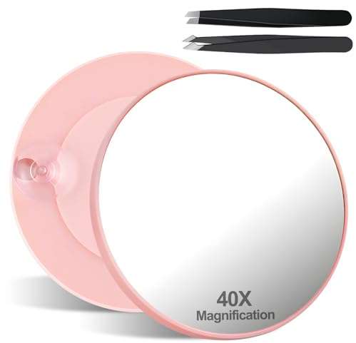 40X Magnifying Mirror, Travel Magnifying Mirror with 2 Suction Cups and Tweezers, 3.5 Inches Portable Small Round Mirrors, Compact High Power Cosmetic Mirrors for Bathroom/Shaving/Makeup (Pink)