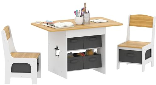 AIYAPLAY Mesa Infantil con 2 Sillas con 6 Cajones de Tela 3-8 Años Natural