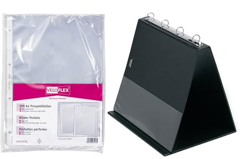 VELOFLEX A410108 - Tableau à feuilles mobiles de table DIN A4 paysage, noir, avec 20 pochettes transparentes, classeur à anneaux de présentation mécanisme à 4 anneaux ronds 20 mm