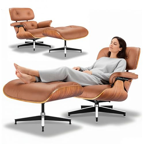Asukale Leder Relaxsessel mit Hocker, Moderner Sessel Wohnzimmer Fernsehsessel, Drehbarer Chaiselongue mit Ottomane, Fester Neigungswinkel von 105°, mit Gepolstertem Kissen, Braun