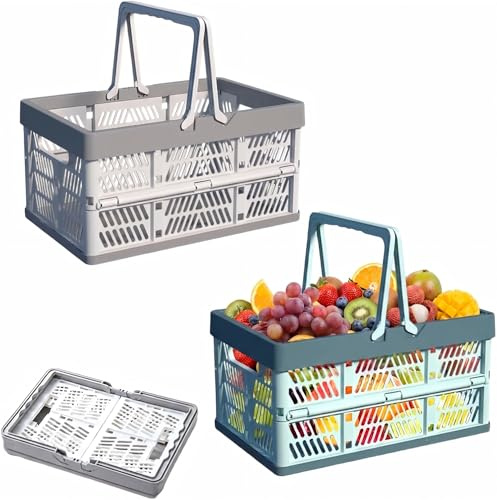 Shoppingkorg hopfällbar låda liten med handtag – vikbar shoppingkorg plast, liten korg med handtag, stabil hopfällbar korg för shopping, camping, kök, badrumsförvaring (38 cm x 25 cm x 20 cm, 2
