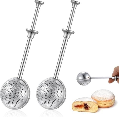 Lot de 2 sucriers à sucre glacé, saupoudreuse à poudre avec poignée à ressort de 18 cm, plumeau à farine en acier inoxydable à double usage pour décoration de gâteaux de cuisine