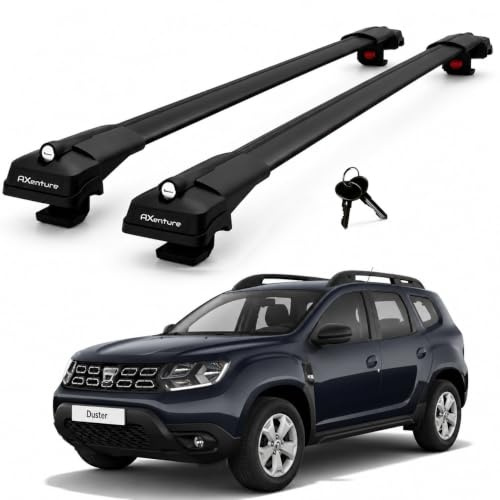 Lockable Roof Bars for Dacia Duster Hm 2018–2023 Roof Rack 2 Pcs Black | Axenture Heavy-duty roof rack cross bars for raised roof rails, lockable aluminium design, ideal for luggage and roof boxes