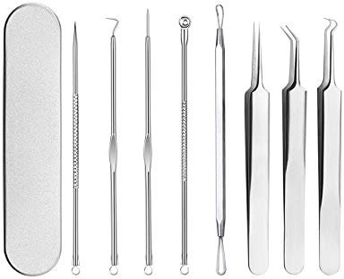 Pinkiou Blackhead Removers Comedone Pimple Removal Extractors Acne Blemish Needles Tool Kit Nose Face Skincare, 8-in-1 with Metal Case