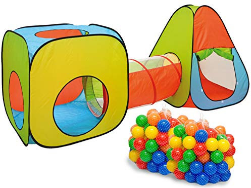 LittleTom Spielzelt-Set mit Tunnel, 260 x 90 x 100 cm, Pop-Up-Bällebad, inkl. 200 Bällen