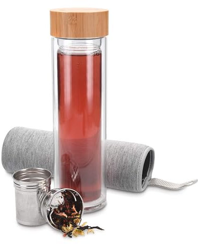 Navaris Glass Water Bottle 500ml - Double Wall Borosilicate Glass Tea Bottle with Stainless Steel Infuser, Bamboo Lid, Non-Slip Neoprene Sleeve (Grey)