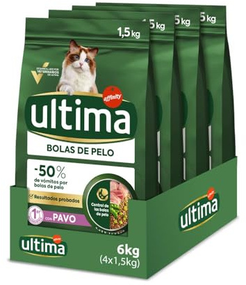Ultima Bolas de pelo Pavo, Comida seca para gatos, Pack de 4 x 1,5kg, Total 6kg