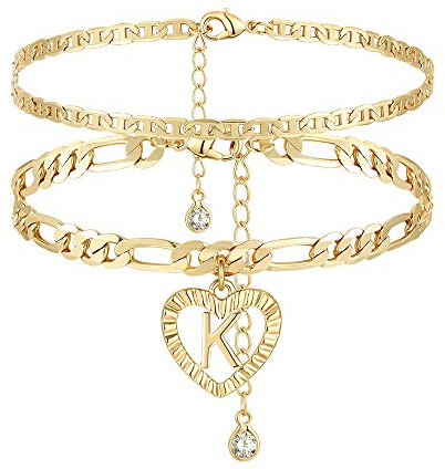 YANODA Initial Ankle Bracelets for Women 14K Gold Plated Layered Figaro Chain Letter Initial Anklets Handmade Layered Heart Ankle Bracelets Personalized Jewelry for Women K