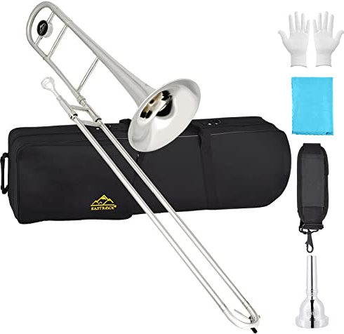 EASTROCK Bb Tenor Slide Trombone Brass Musical Instrument with Hard Case,Mouthpiece,Gloves,Cleaning Cloth for Professional Player Beginners, Large Bell(9.25/235 mm),Nickel Plated