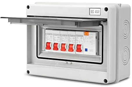 4 Way Consumer Unit Circuit Breaker Panel, Leakage Circuit Breaker Garage Box, Garage Consumer Unit Distribution Board 63A 30mA RCD 4MCB 2x6A+20A+32A, IP65 Protective Plastic