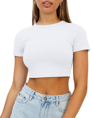 WYNNQUE Womens Crop Tops Cute Summer Crew Neck Basic Tees Slim Fit Trendy Short Sleeve T Shirts for Teen Girls 2026 White M