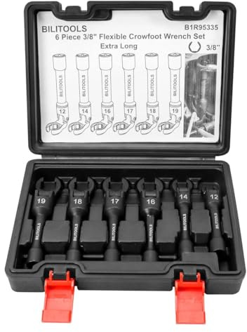 BILITOOLS Leitungsschlüssel Satz 3/8 Zoll 6-tlg mit Gelenk 12-19 mm | 6-tlg Hahnenfußschlüssel 12-19 mm mit 180° Gelenk für Kraftstoff-, Brems- und Hydraulikleitungen.