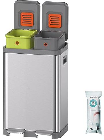 Mbillion Mülleimer Küche, Mülleimer Küche 2 Fächer, Mülleimer Mit Deckel, Abfalleimer Küche Edelstahl, Herausnehmbaren Inneneimern, Für Zuhause, Büro (20 + 20L Silber)