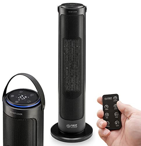 TZS First Austria Turmheizlüfter energiesparend mit Fernbedienung | Sehr leiser Keramik-Heizstrahler | Heizgerät mit Oszillation | Elektroheizung 1200-2000 W, Timer, Thermostat, Umkippschutz, schwarz