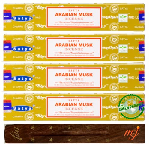 Satya Nag Champa Lot de 4 paquets de bâtons d'encens Arabian Musk avec porte-encens, pour l'aromathérapie, le spa, le yoga, les mariages, la méditation, la guérison, la positivité et la relaxation