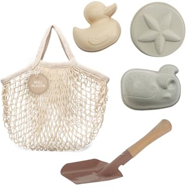 Hevea Natural Rubber Sand Shaper Trio - Eco-Friendly Beach Toys for Kids | Fun Sea Life Figures | Lightweight & Durable Sand Toys | Includes Turtle Bag and Wooden/Metal Shovel