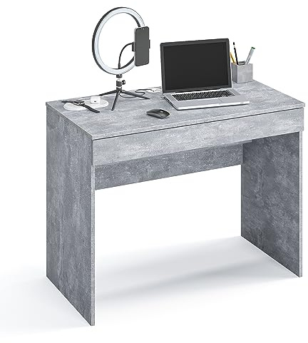 KOMTO Schreibtisch Beton mit 1 Schublade - 100 x 53 x 76 cm Bürotisch Computertisch Klein Arbeitstisch Büro PC-Tisch Kinderschreibtisch mit Stauraum