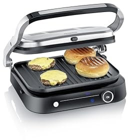 SEVERIN Multi-grill carne 7 programmi automatici, grill elettrico multifunzione per verdure, bistecche e panini, griglia carne con piastre antiaderenti, 1800 W, inox/nero, KG 2395