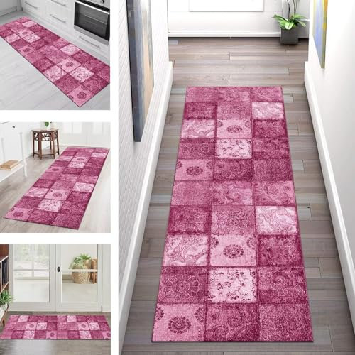 Teppich Läufer Lang Flur Küche Teppichläufer Rutschfest Waschbar Küchenläufer Teppichmatten Rosa Boho Vintage Schmutzfangmatte 120X450CM Meterware Flurteppich Wohnzimmer Schlafzimmer Küchenteppich