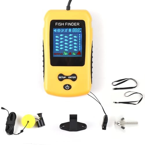 Kavolet Tragbarer Fischfinder mit Tiefenanzeige, Fischalarm, Kajak Tragbares Fisch Tiefenmesser, 200 kHz, 45 Grad, 0,6 – 100 m, Farb-TN-LCD, Wandlerkabel und Sensorstrahlwinkel