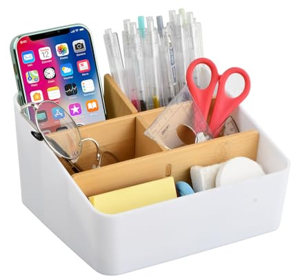 Ehuihuan Schreibtisch Organizer, 5 Fächer Bambus Büro Organizer mit Stifthalter, Multifunktional Aufbewahrungsbox, Desk Organizer für Stifte, Smartphones, Kosmetika (Weiß)