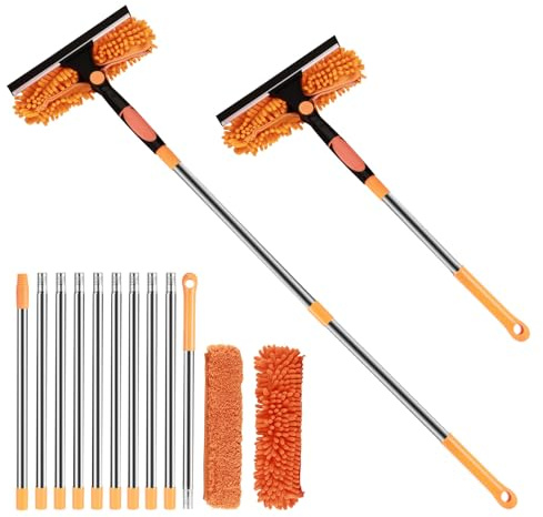Window Cleaner Squeegee, 2 in 1 Window Cleaning Kit with 10 Extension Pole, 4 Meters Extendable Window Cleaner Tool,Rotatable Squeegee and Microfiber Scrubber,Window Cleaning Tool with 2Pads