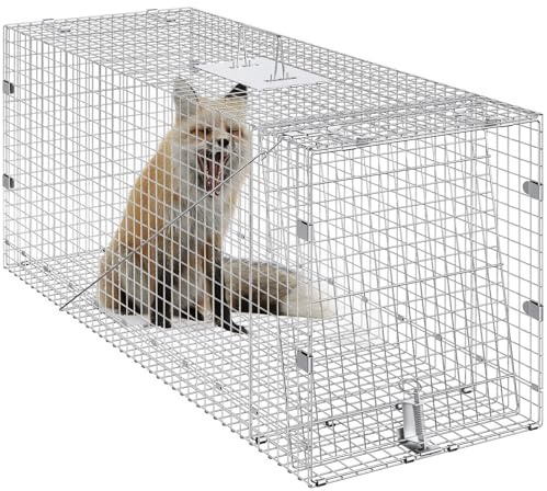 Happybuy Live Animal Cage Trap, 42 x 16 x 18 Galvanized Iron, Humane Trap for Stray Dogs, Raccoons, and More