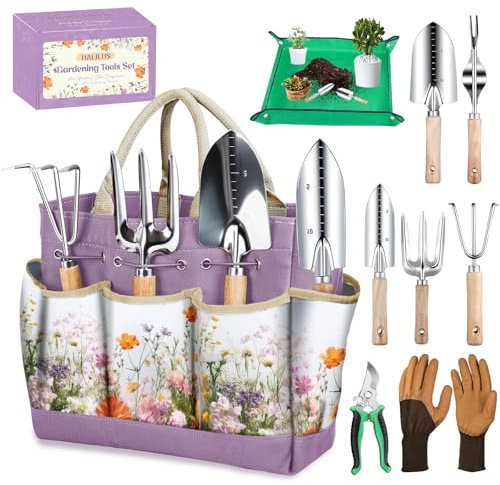 Gardening Tools 9-Piece Heavy-Duty Garden Tools Set, Stainless Steel Garden Hand Tools with Purple Floral Tote Bag and Repotting Mat Garden Supplies Kit Gifts for Women